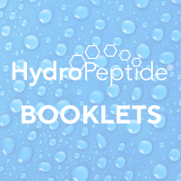 A white hydropeptide logo on a light blue background covered in water droplets